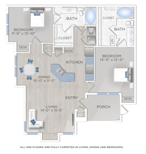 Floor plan for 2 beds, 2 baths, 1268 sqft
