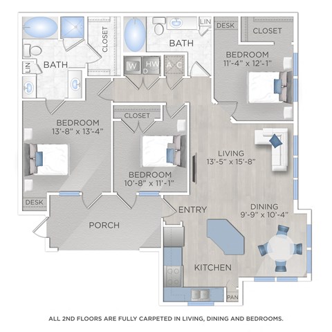 Floor plan for 3 beds, 2 baths, 1452 sqft