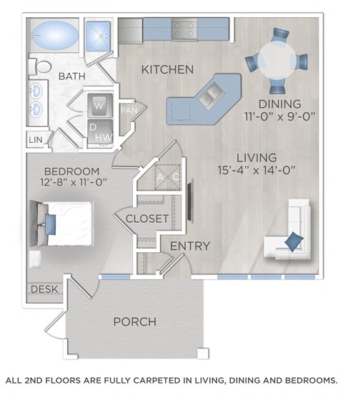 Floor plan for 1 bed, 1 bath, 850 sqft