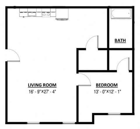 Floor plan for 1 bed, 1 bath, 987 sqft