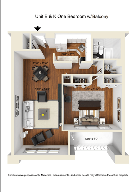 Floor plan for 1 bed, 1 bath, 810 sqft