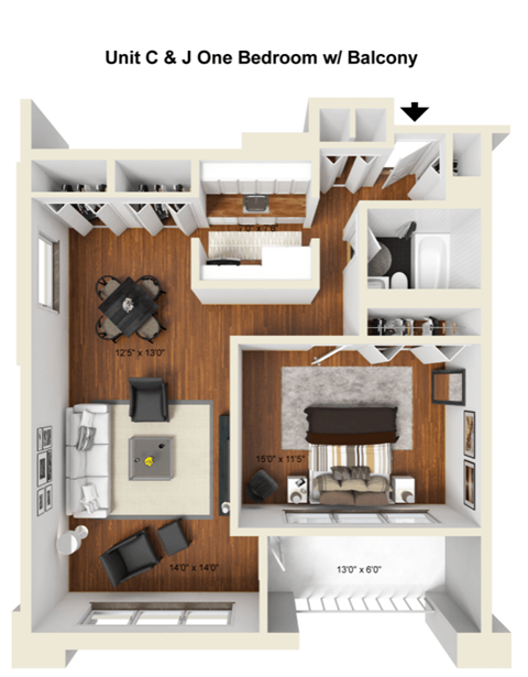 Floor plan for 1 bed, 1 bath, 810 sqft
