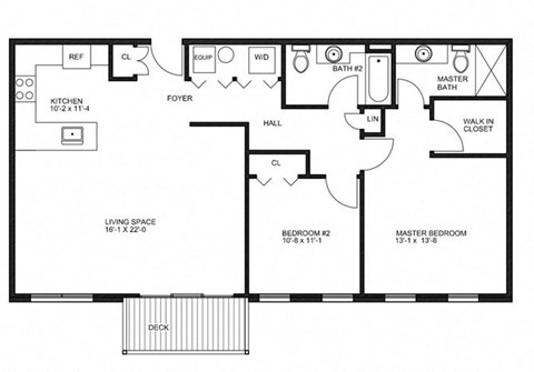 Floor plan for 2 beds, 2 baths, 1208 sqft