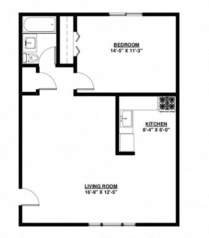 Floor plan for 1 bed, 1 bath, 625 sqft