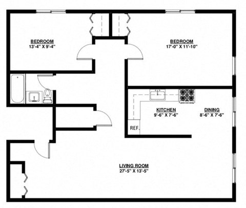 Floor plan for 2 beds, 1 bath, 885 sqft