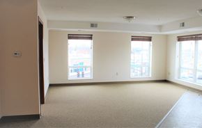 St Paul apartment for rent - A large, empty room with carpeted floors and two windows.