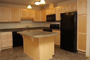 St Michael apartment for rent - a kitchen with a island and a black refrigerator