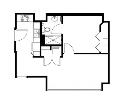 Floor plan for 1 bed, 1 bath, 632 sqft