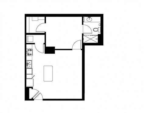 Floor plan for 1 bed, 1 bath, 634 sqft