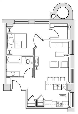 Floor plan for 1 bed, 1 bath, 684 sqft