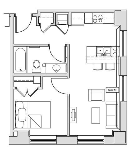 Floor plan for 1 bed, 1 bath, 529 sqft
