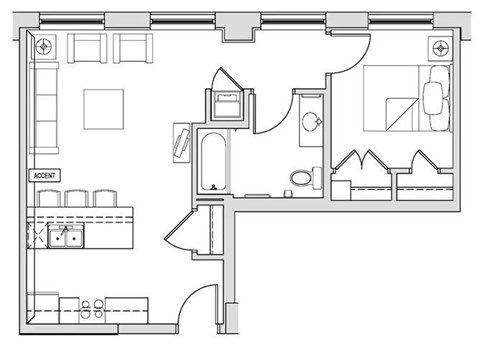 Floor plan for 1 bed, 1 bath, 639 sqft