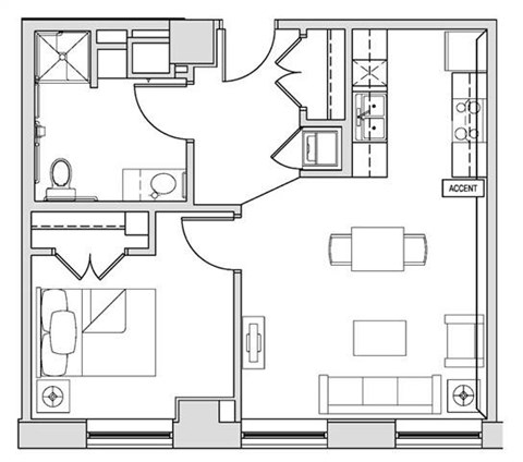 Floor plan for 1 bed, 1 bath, 648 sqft