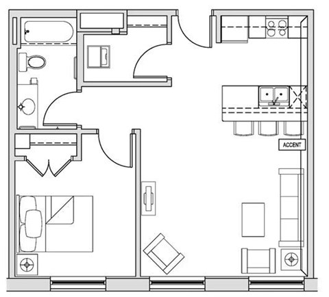 Floor plan for 1 bed, 1 bath, 668 sqft