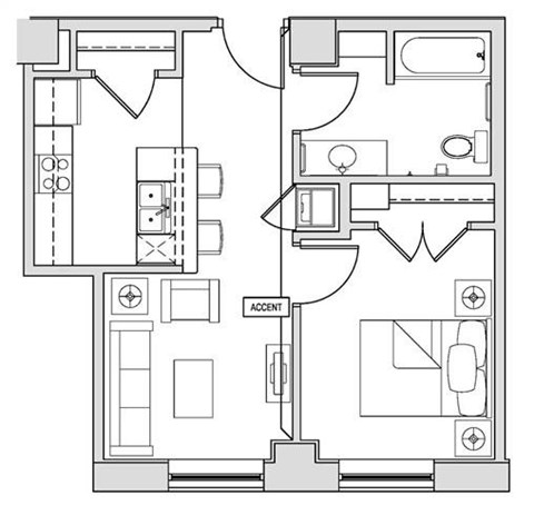 Floor plan for 1 bed, 1 bath, 562 sqft