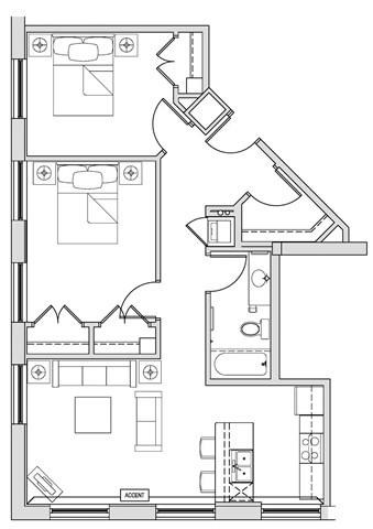Floor plan for 1 bed, 1 bath, 640 sqft