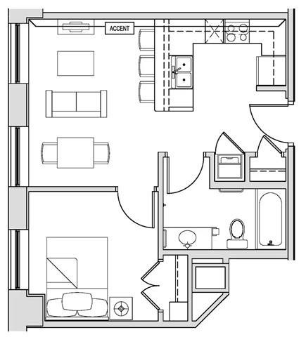 Floor plan for 1 bed, 1 bath, 640 sqft