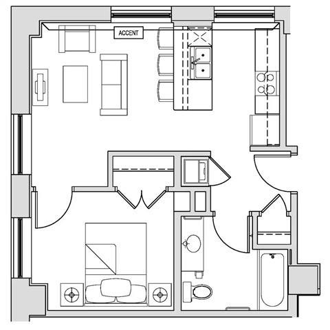 Floor plan for 1 bed, 1 bath, 581 sqft