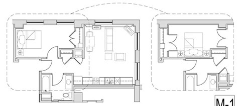 Floor plan for 1 bed, 1 bath, 741 sqft