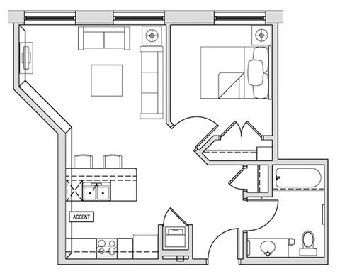 Floor plan for 1 bed, 1 bath, 639 sqft