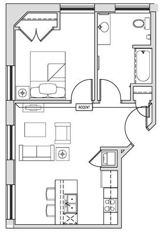 Floor plan for 1 bed, 1 bath, 619 sqft