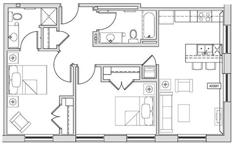 Floor plan for 2 beds, 1 bath, 931 sqft