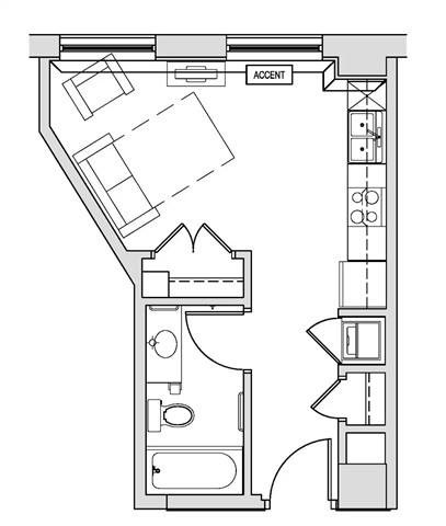 Floor plan for studio, 1 bath, 383 sqft