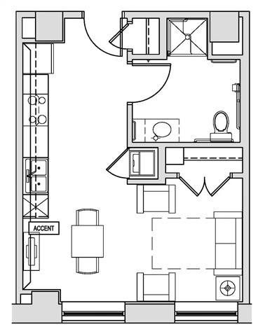 Floor plan for studio, 1 bath, 435 sqft