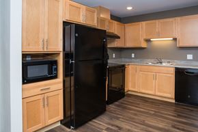 Iowa City apartment for rent - A black refrigerator stands in a kitchen with wooden cabinets.