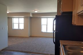 Roseau apartment for rent - A kitchen area with a sink and a refrigerator.