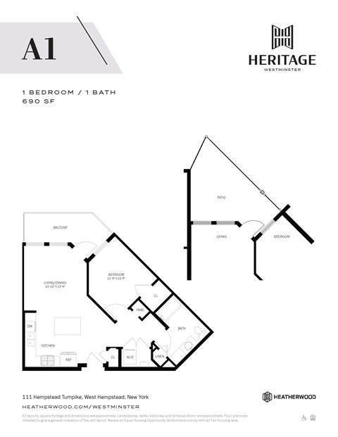 Floor plan for 1 bed, 1 bath, 690 sqft