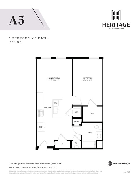 Floor plan for 1 bed, 1 bath, 774 sqft