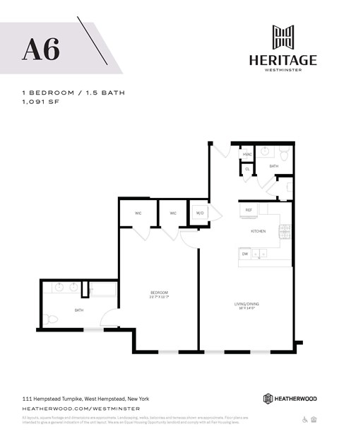 Floor plan for 1 bed, 1.5 baths, 1091 sqft