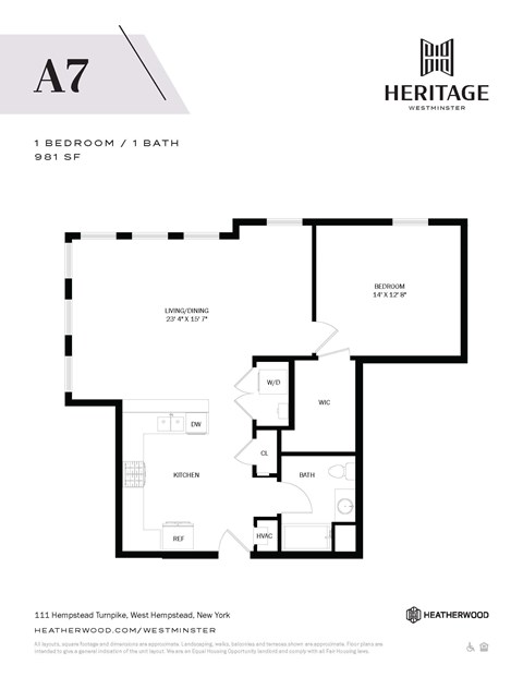Floor plan for 1 bed, 1 bath, 981 sqft