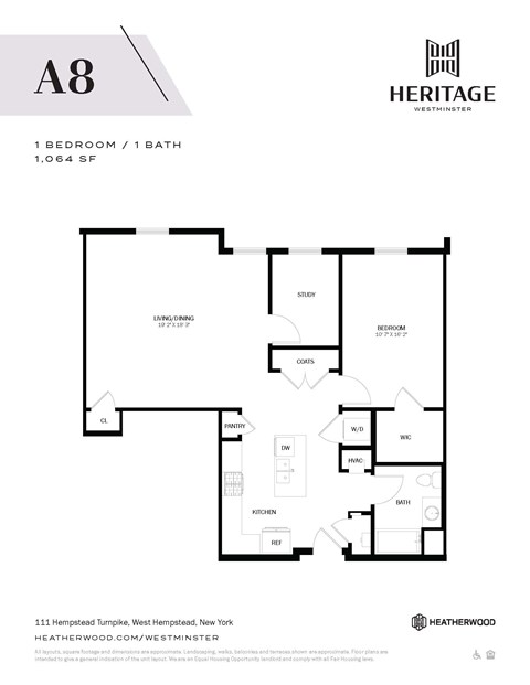 Floor plan for 1 bed, 1 bath, 1064 sqft