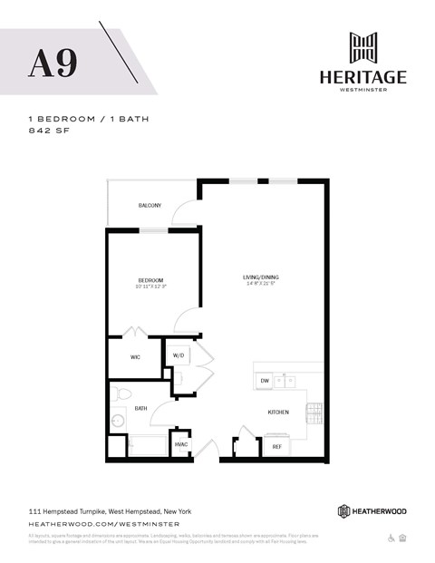 Floor plan for 1 bed, 1 bath, 842 sqft
