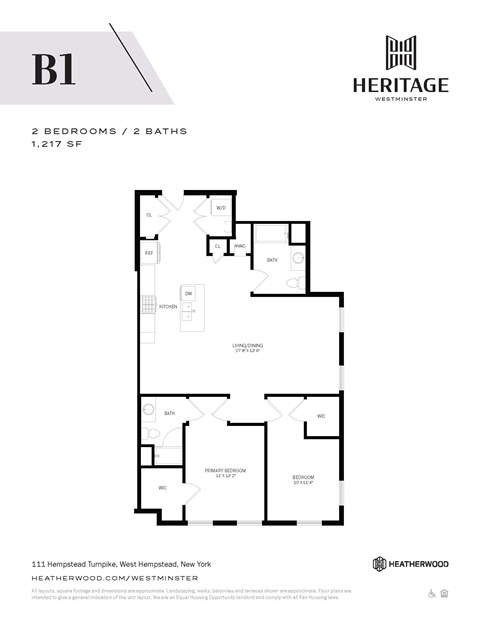 Floor plan for 2 beds, 2 baths, 1217 sqft