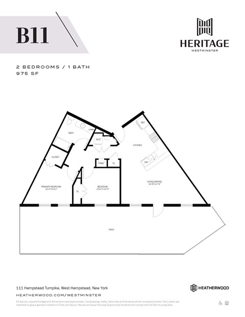 Floor plan for 2 beds, 1 bath, 975 sqft