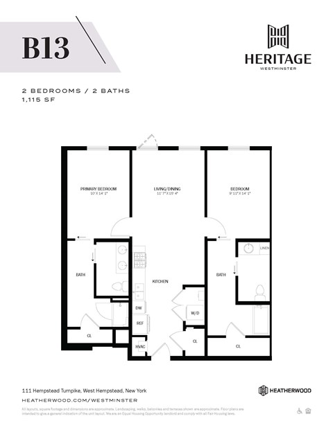 Floor plan for 2 beds, 2 baths, 1115 sqft