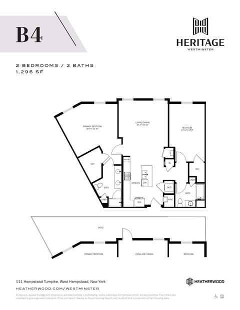 Floor plan for 2 beds, 2 baths, 1296 sqft