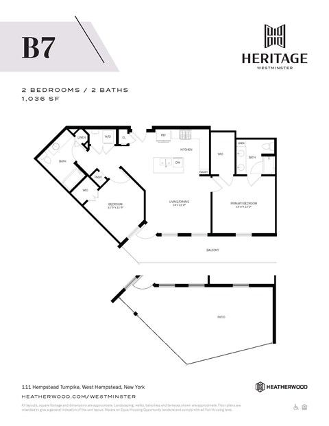 Floor plan for 2 beds, 2 baths, 1036 sqft