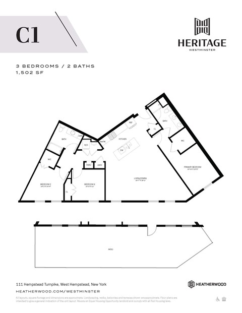 Floor plan for 3 beds, 2 baths, 1502 sqft
