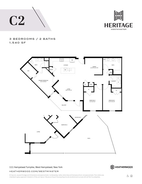 Floor plan for 3 beds, 2 baths, 1540 sqft