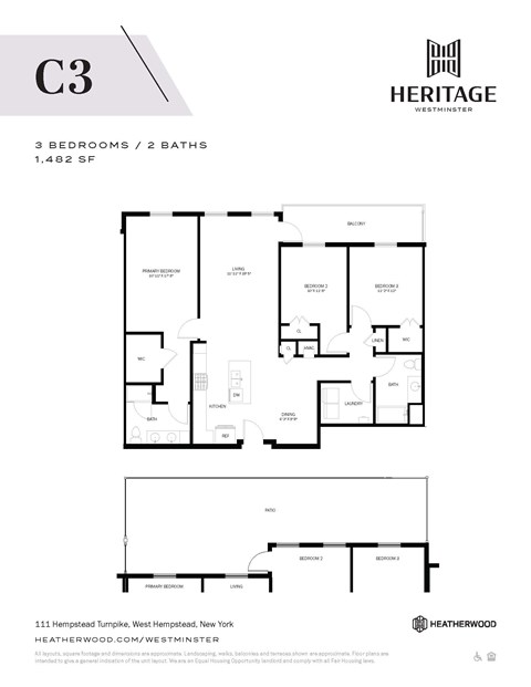 Floor plan for 3 beds, 2 baths, 1482 sqft