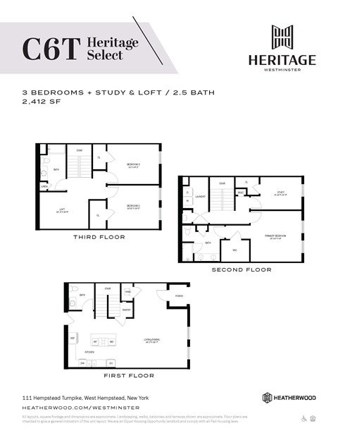 Floor plan for 3 beds, 2.5 baths, 2412 sqft