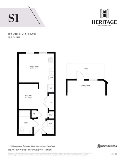 Floor plan for studio, 1 bath, 530 sqft