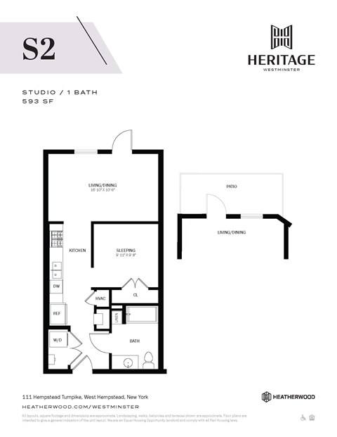 Floor plan for studio, 1 bath, 593 sqft