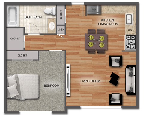 Floor plan for 1 bed, 1 bath, 650 sqft