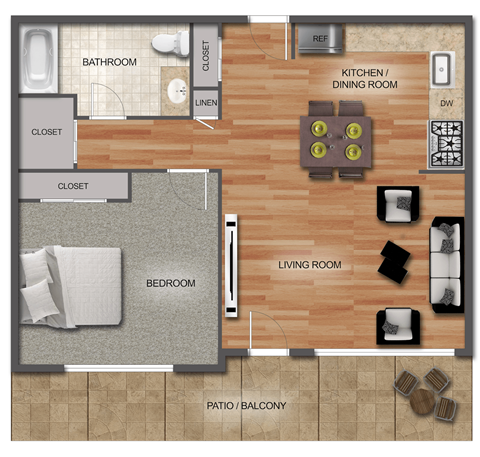 Floor plan for 1 bed, 1 bath, 650 sqft
