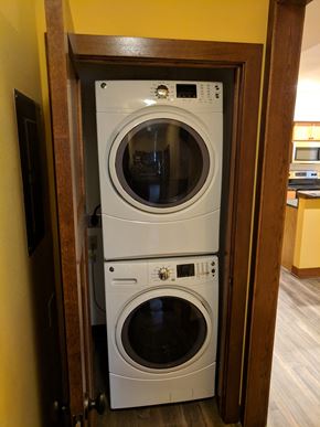 Madison apartment for rent - A white front loading washing machine is in a wooden door.